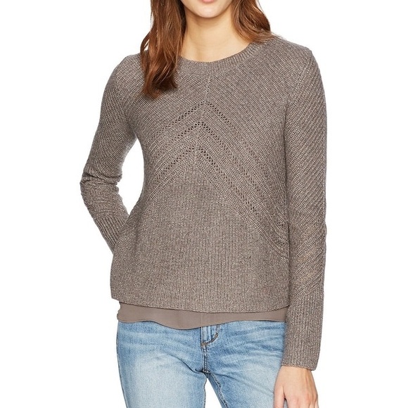 Lucky Brand Wool Cashmere Blend Pointelle Knit Shimmer Layered Sweater Taupe XS - Picture 1 of 16